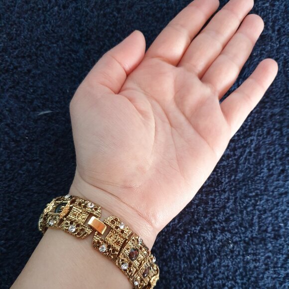 Vintage Jeweled Abalone Rhinestone & Tiger Eye Gold-Plated Japan Quartz Watch - Picture 13 of 16